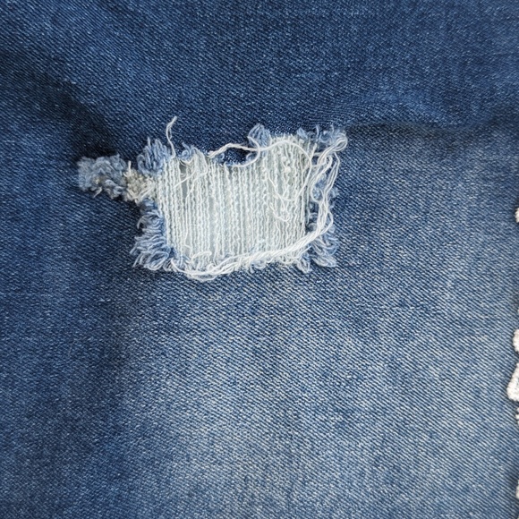 Distressed Embroidered Floral Jean Short Overalls M Blue Y2K Shortalls - Picture 8 of 14